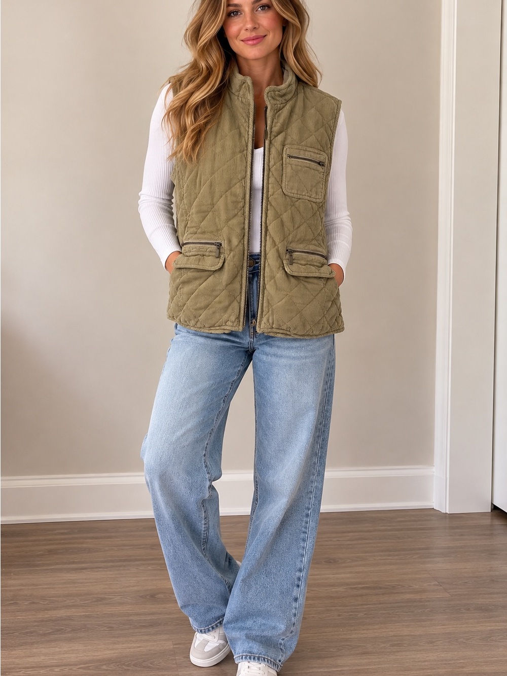 Eddie Bauer Quilted Corduroy Vest in Olive